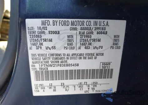 2003 Ford F-250 Lariat/Xl/Xlt из США, поврежденный, VIN 1FTNW21F83EB05458